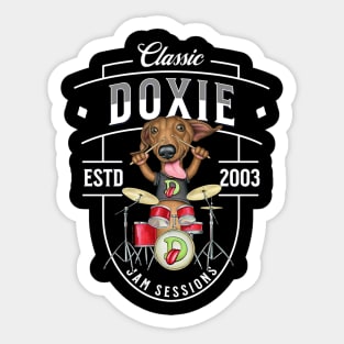 Fun doxie Dog playing drums for a rock and roll band on Doxie Jam Sessions tee Sticker